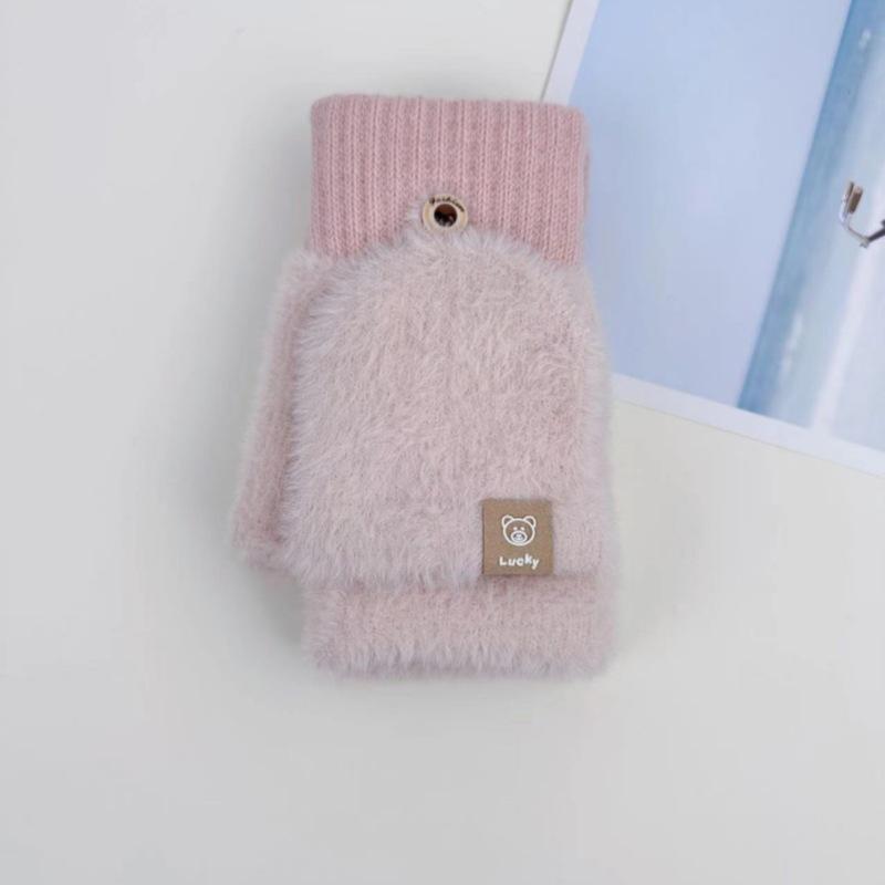 

Knitted Plush Half Finger Flip Gloves for Women Warm Autumn and Winter Solid Color Student Typing and Writing рожевий