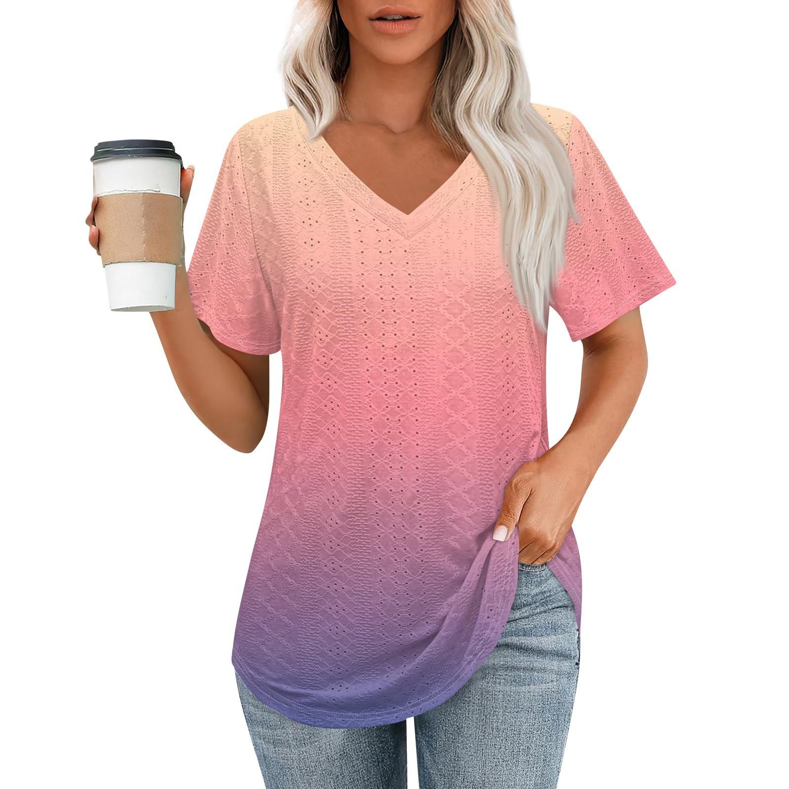 

Женские футболки с V-образным вырезом и коротким рукавом, повседневные топы свободного кроя, базовые футболки с закругленным подолом M розовый