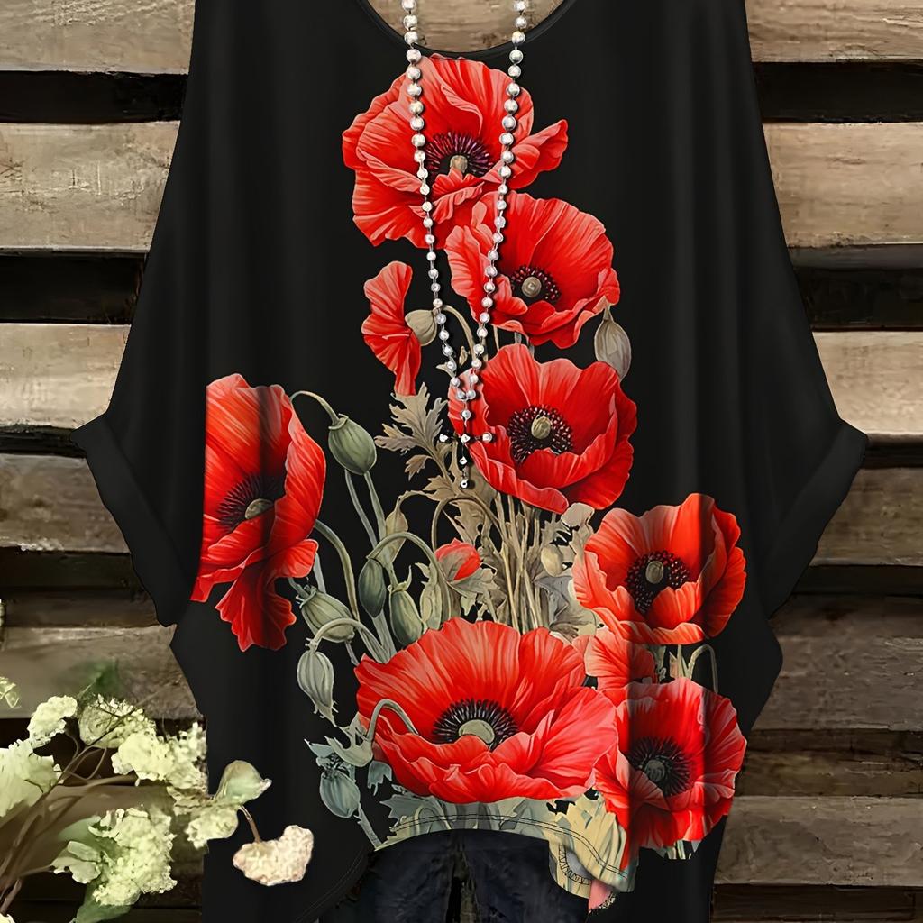 Plus Size - Women'S Plus Size Floral Print T-Shirt - Vibrant Red Poppies & Green Leaves
