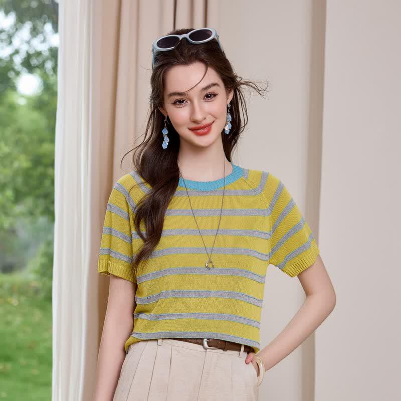 Bailuyu Retro Striped Short Sleeve Knit Top