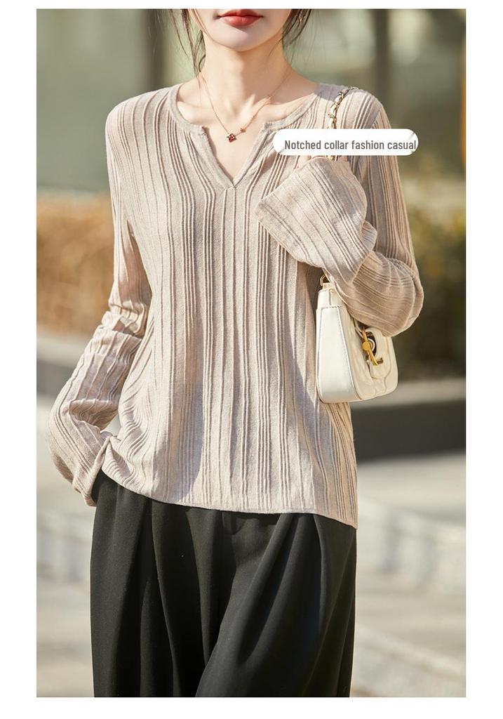 2026 Spring & Autumn Women's V-neck Wool Knit Pullover - Long Sleeve Ribbed Solid Color Top