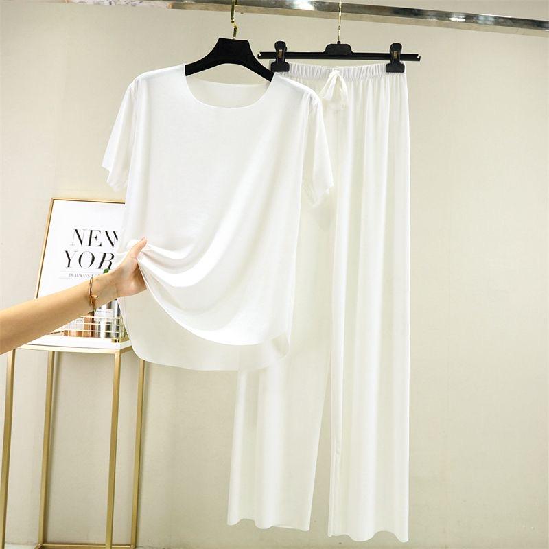 2025 Spring and Summer Ice Silk Pajamas Two-piece Short-sleeved Long Pants Colorful Large Size Breathable Leisure Home Wear Suit