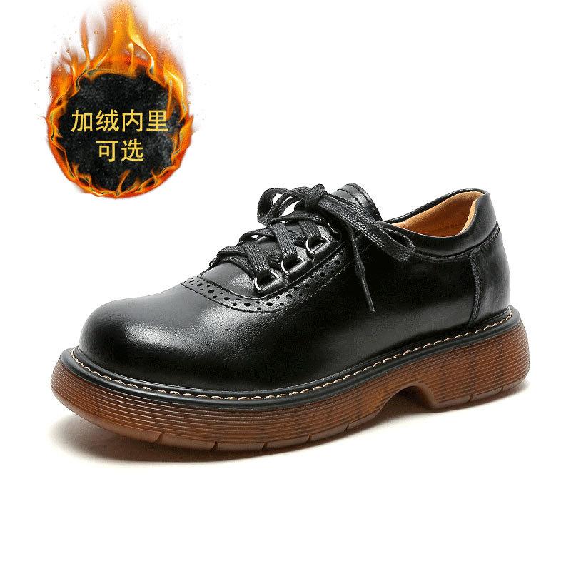 Modne okrągłe palce małe skórzane buty dla kobiet 2024 nowe brytyjskie pojedyncze buty w stylu japońskie zabytkowe brązowe skórzane buty