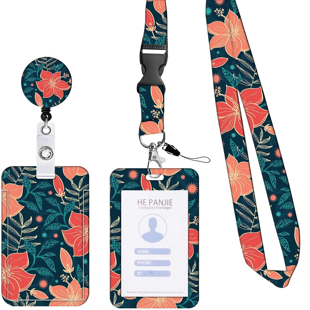 Staff Working Cards Holder With Retractable Long Lanyard And Badge Reel Flower Id Credit Cards Holder Cover For Woman Phone Rope