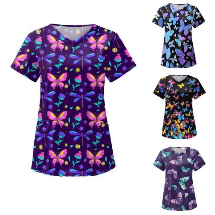 Fashion Butterfly Print V Neck Work Tops With Pockets Short Sleeve Women