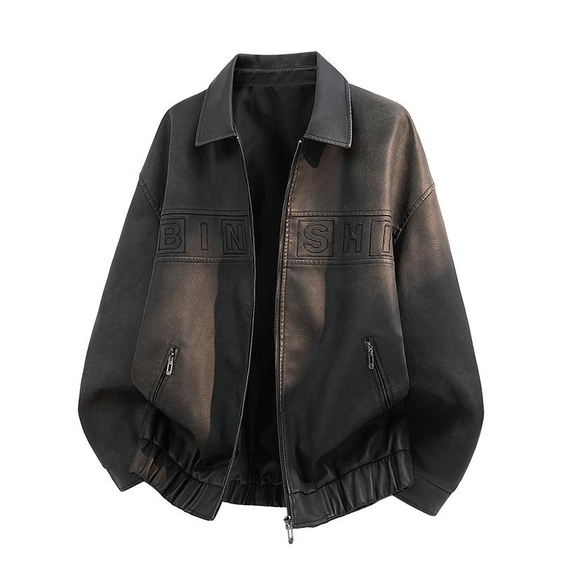 American retro men's leather jacket locomotive tooling loose old money street simple trend top leather jacket men