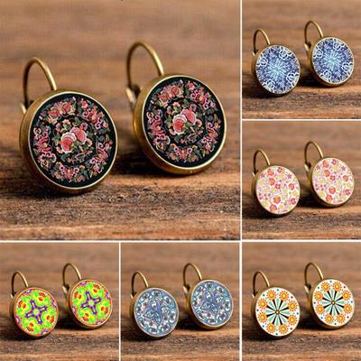 Retro Mandala Flower Round Bronze Ear Clips Girls Women Leaverback Earrings