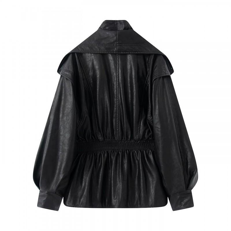 Womens Distressed Faux Leather Fake Two-Piece Long Sleeve Jacket Casual Urban Style