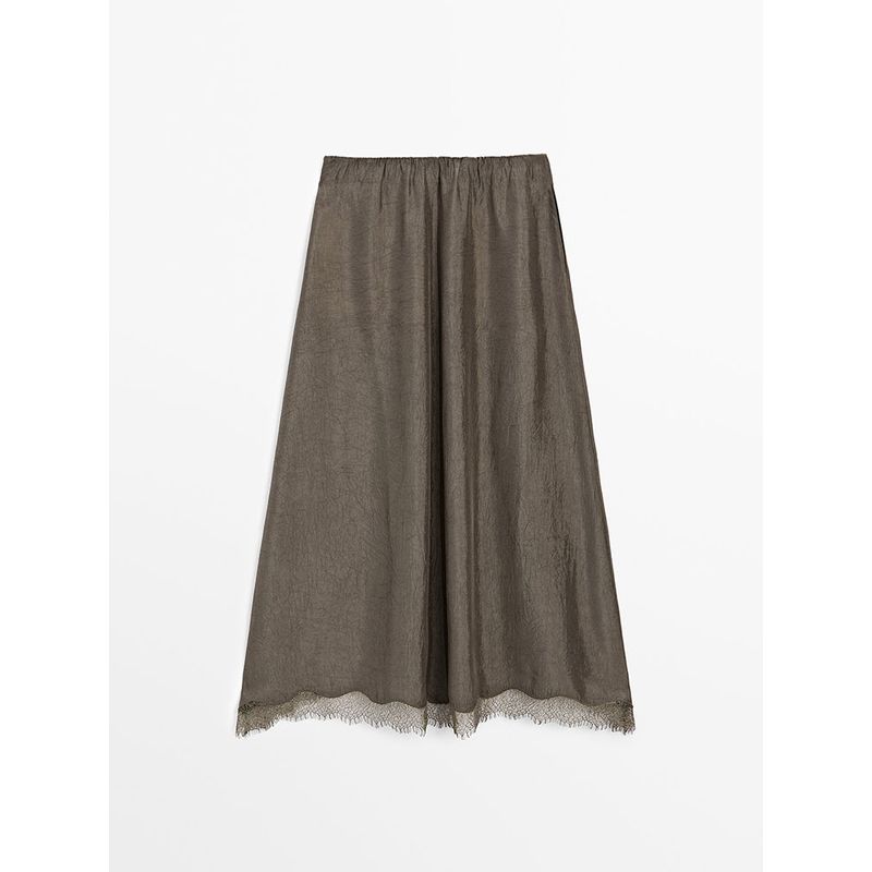 

Za2025 Summer New Women clothes French style Lace Hem Draping Effect Elegant Skirt 05204583 710 Khaki L