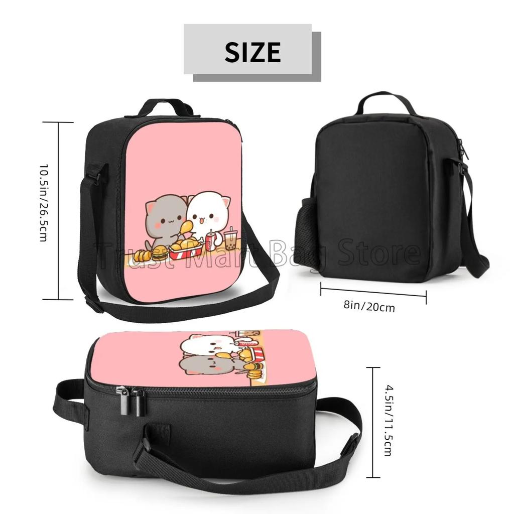 Cartoon Peach and Goma Mochi Cat Insulated Lunch Bag Resuable Leakproof Cooler Thermal Bento Bag with Adjustable Shoulder Strap