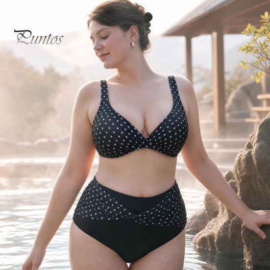 Flattering Plus Size Bikini 2Pcs/Set Set, Cross-Chest V-Neck Bra with Built-In Support, Women Swimwear High-Waisted Twist Swim Bottoms, Retro