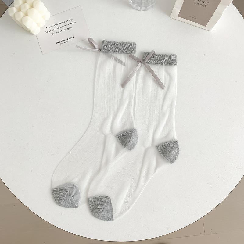 

1 Pair Korean Fashion Simplicity Girl Sock Ballet Lolita Bow Silk Sock Soft Cotton Transparent Summer Breathable Calf Sock сірий колір