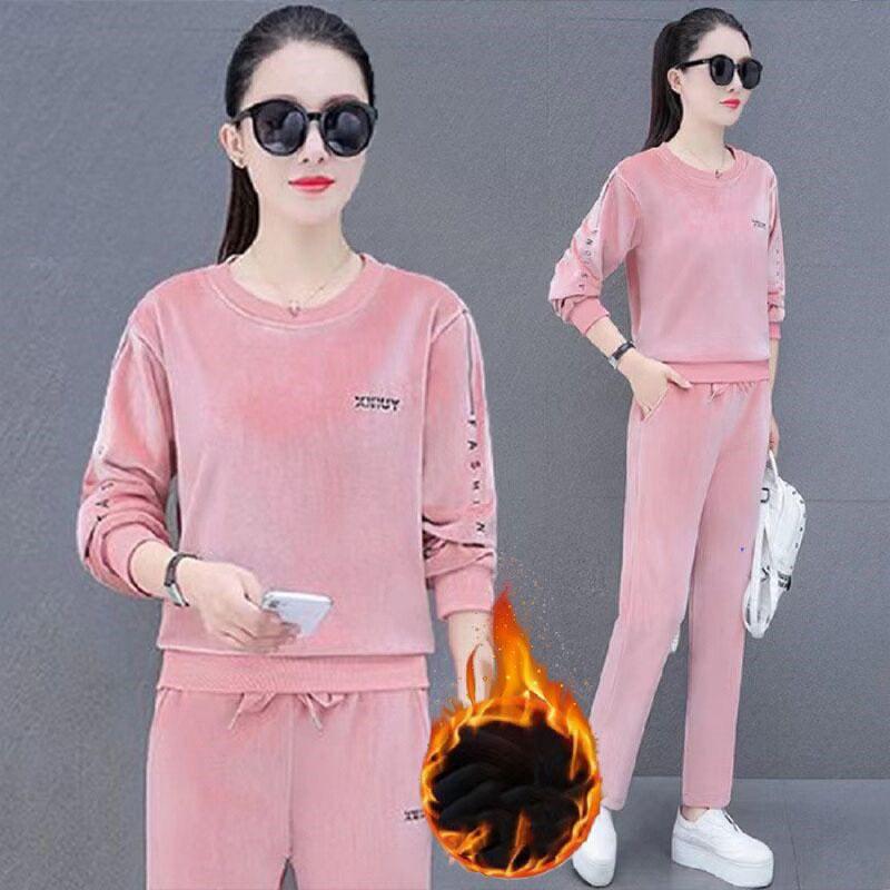 Winter Velvet Two Pieces Sets O Neck Plush Lined Loose Outfit Straight Baggy Pant Suits Thick Warm Casual