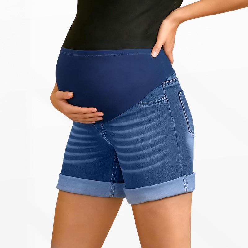 Maternity Denim Shorts High-Waist Stretch Capri Pants With Tummy Support Casual Wear