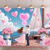 Dreamy Valentine Sailboat Tapestry, Anime Couple on Deck with Pink Heart Balloons and Ocean View, Sweet Romantic Wall Art