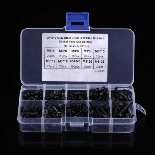 Hilitand M3 Hex Socket Head Bolt and Nut Kit, 4/5/6/8/10/12/16/20/25mm, 12.9 Strength Alloy Steel, 280 Pieces, Black, DIN912