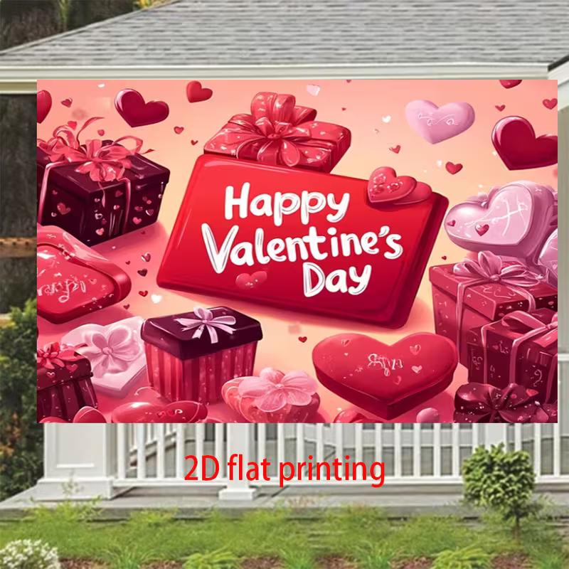 2D Romantic Couple Photography Backdrop with "Happy Valentine's Day" Gifts and Hearts
