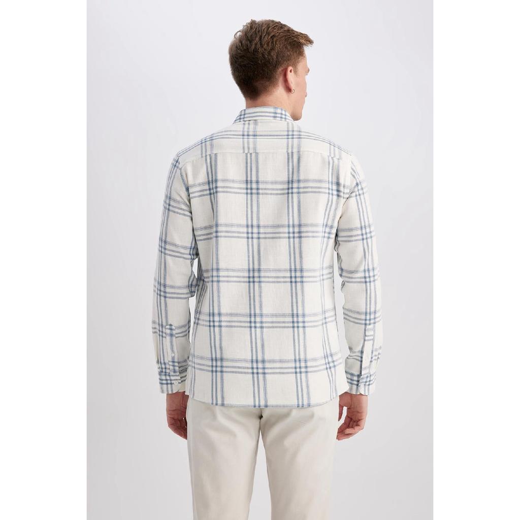 Modern Fit Polo Neck Long Sleeve Checked 100% Cotton Shirt