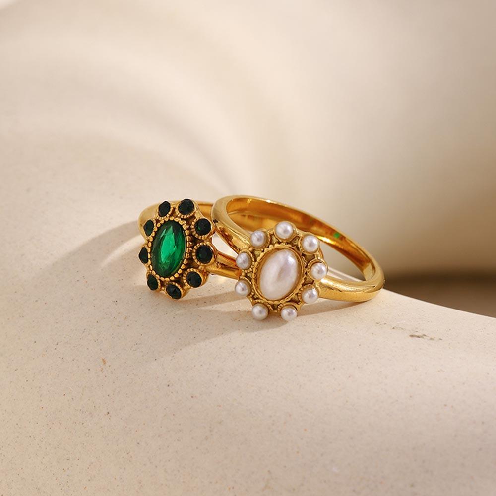 MamacitaSlay 316L Stainless Steel Vintage Pearl Zircon Flower Ring 18K Gold Plated Waterproof Jewelry For Women Stackable Ring