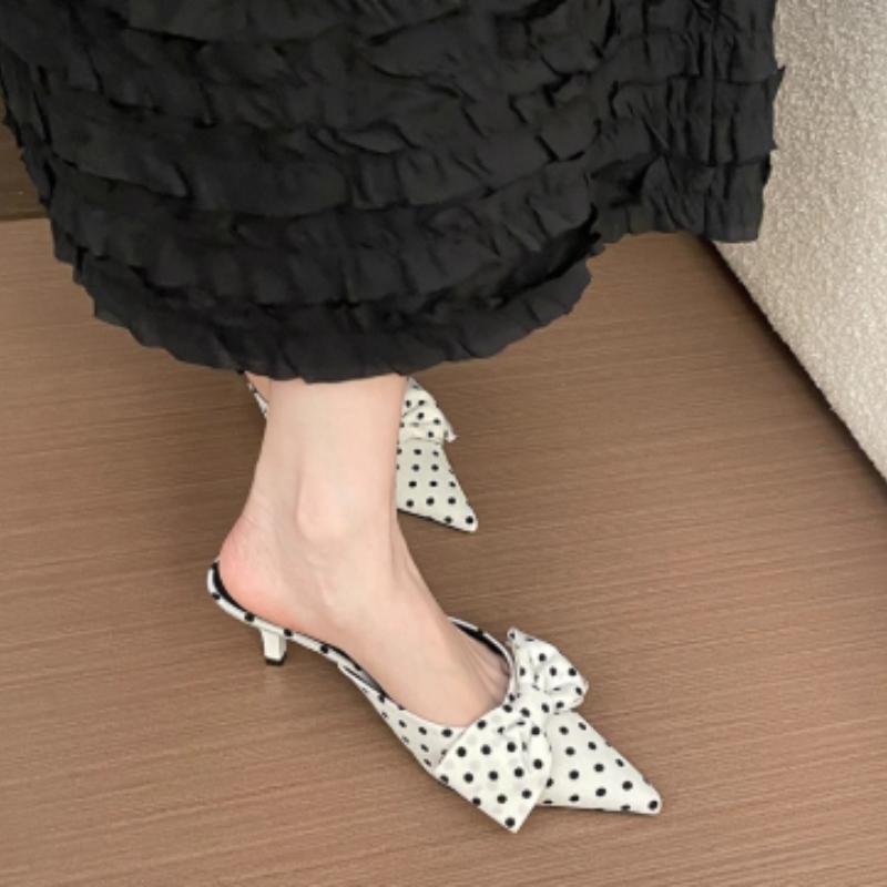Fashion 2025 Viral Pointed Thin Heel Bow Knot Backless Slip-On Mule Slippers Women Block Heels Lazy Half Slides
