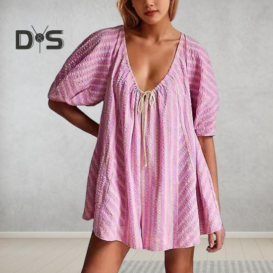 

Летний женский комбинезон в полоску с принтом в стиле пэчворк, большой размер с низким вырезом, V-образным вырезом, кулиской, трапециевидной формы, большие качели, полупуфовые рукава, женский пляжный комбинезон S зелёный