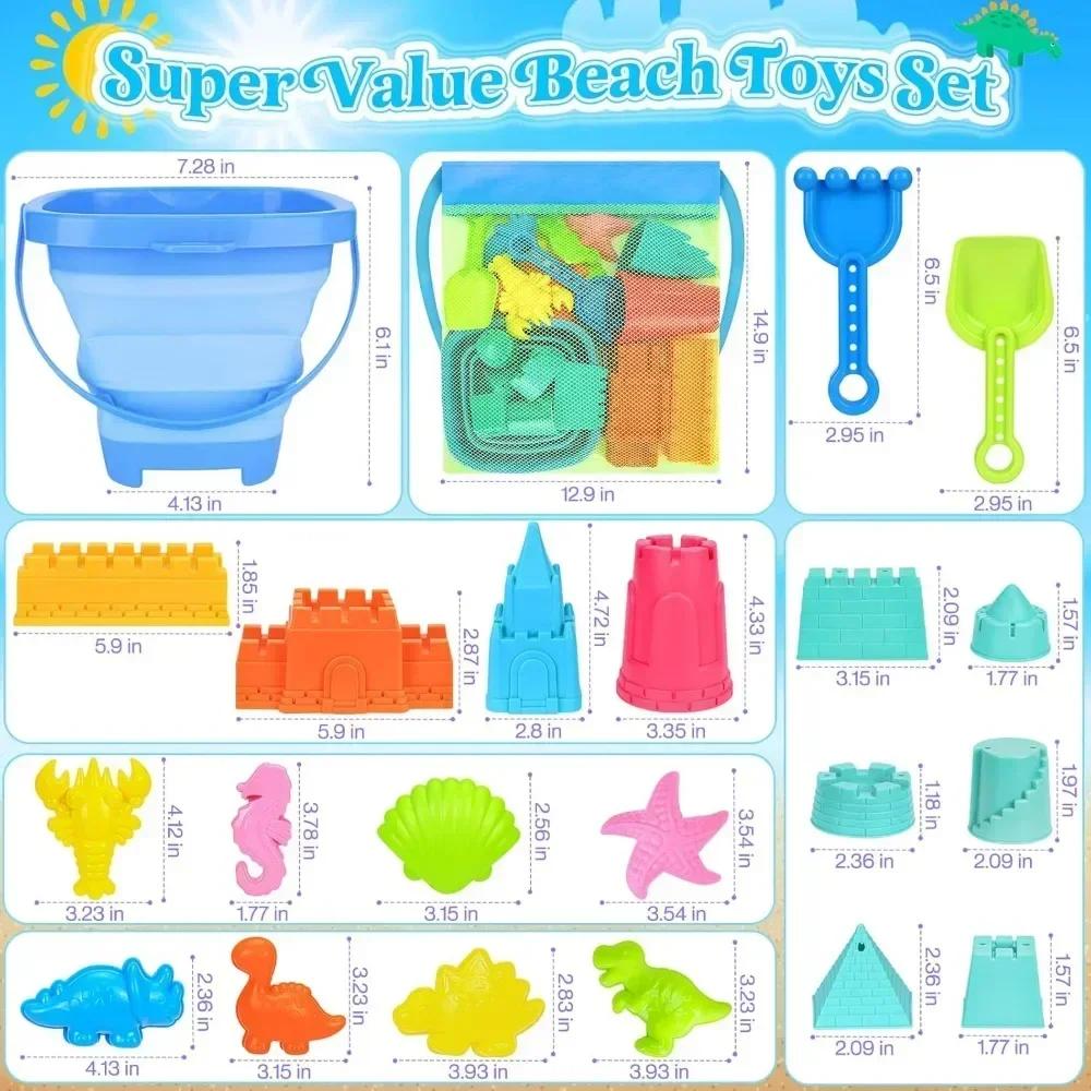Collapsible Beach Toy Sets For Kids Sand Bucket & Shovels Set With Mesh Bag Sand Castle Travel Sand Toy Sets Sandbox Toy Sets For Toddlers
