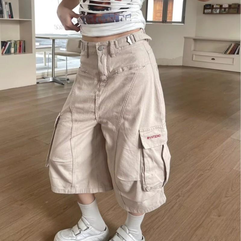 American Vintage Pleated Cargo Pants Loose Wide Leg Denim Shorts Men Women Streetwear