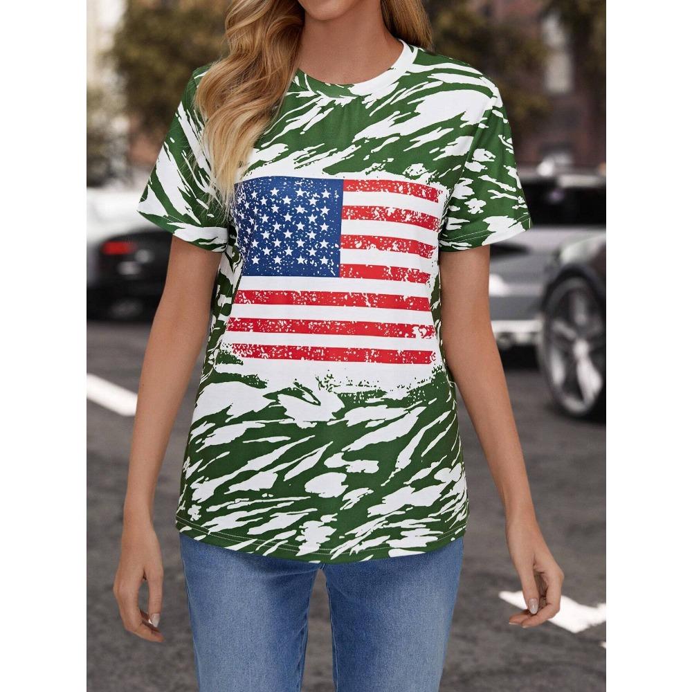 Flag Pattern 3D Digital Printing Women's Fashionable Round Neck Short Sleeved T-shirt