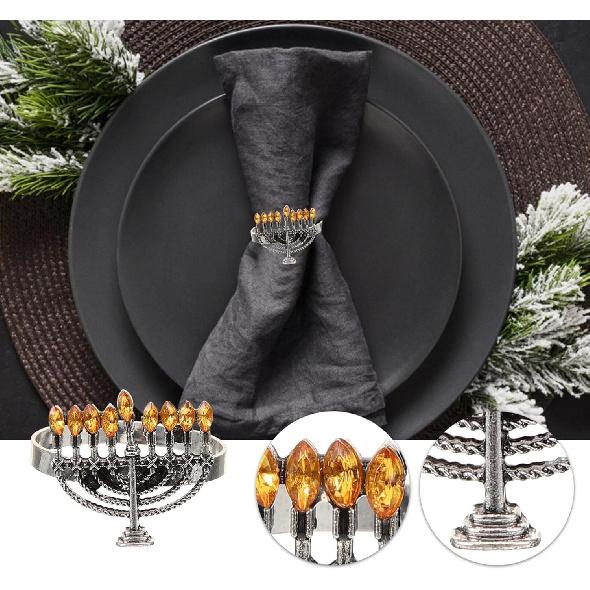 Amosfun 4pcs Menorah Napkin Rings Alloy Napkin Holders for Hanukkah Table Decorations Elegant Buckles for Holiday Dinners Parties and Special