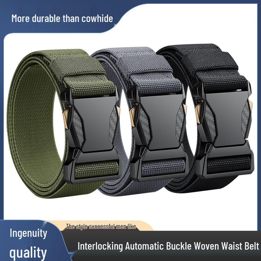 Men's Trendy Leather & Nylon Belt with Automatic Buckle for Jeans & Military Training