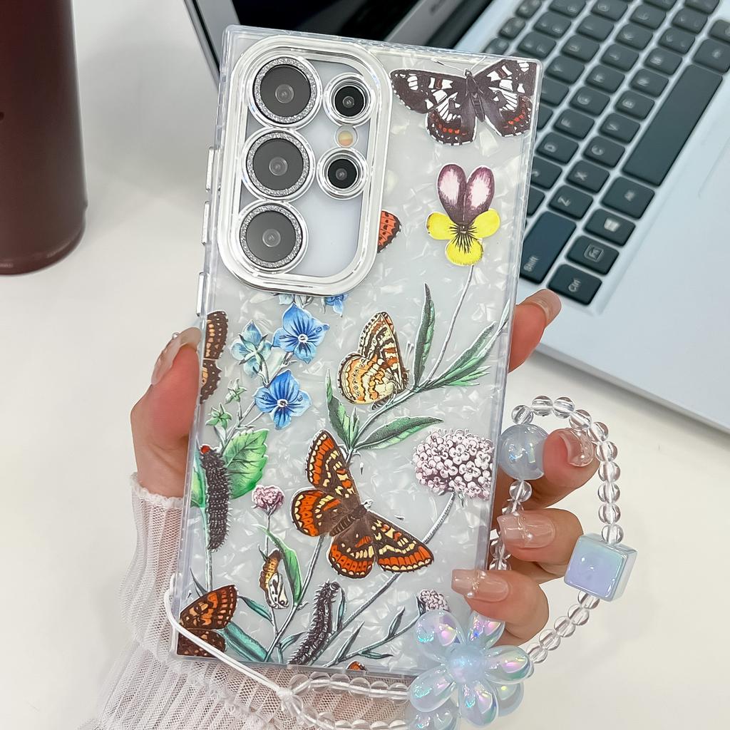 Suitable for Samsung S25 Ultra Mobile Phone Case Electroplated Flower and Grass S24FE with Bracelet Flash Powder Lens Film A56 Protective Case