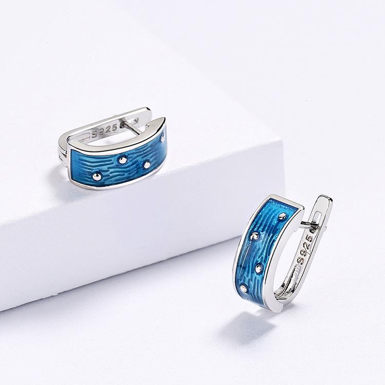 Neues Emaille-Schmuckset Meerblau Textur Welle Punkt Plattiert Weißgold Ring Ohrringe Pendeln Einfach Vielseitiges Zubehör white