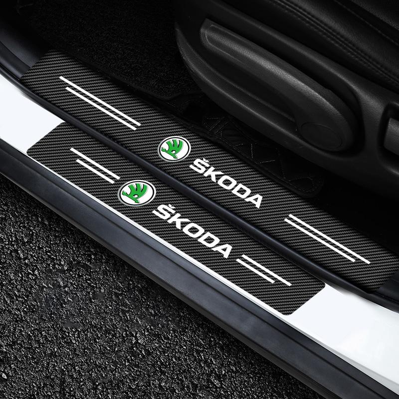 4Pcs Car Door Plate Carbon Fiber Threshold Protector Sticker Decals For Skoda Octavia Octavia Kodiaq Karoq Kodiaq Superb Karoq VisionS