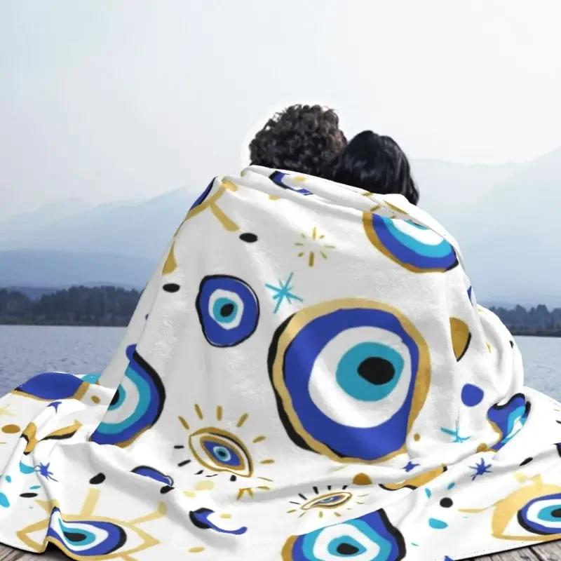 Mediterranean Blue And Gold Evil Eye Blanket Flannel Fleece Warm Hamsa Nazar Amulet Boho Throw Blankets for Home Bed Couch Quilt