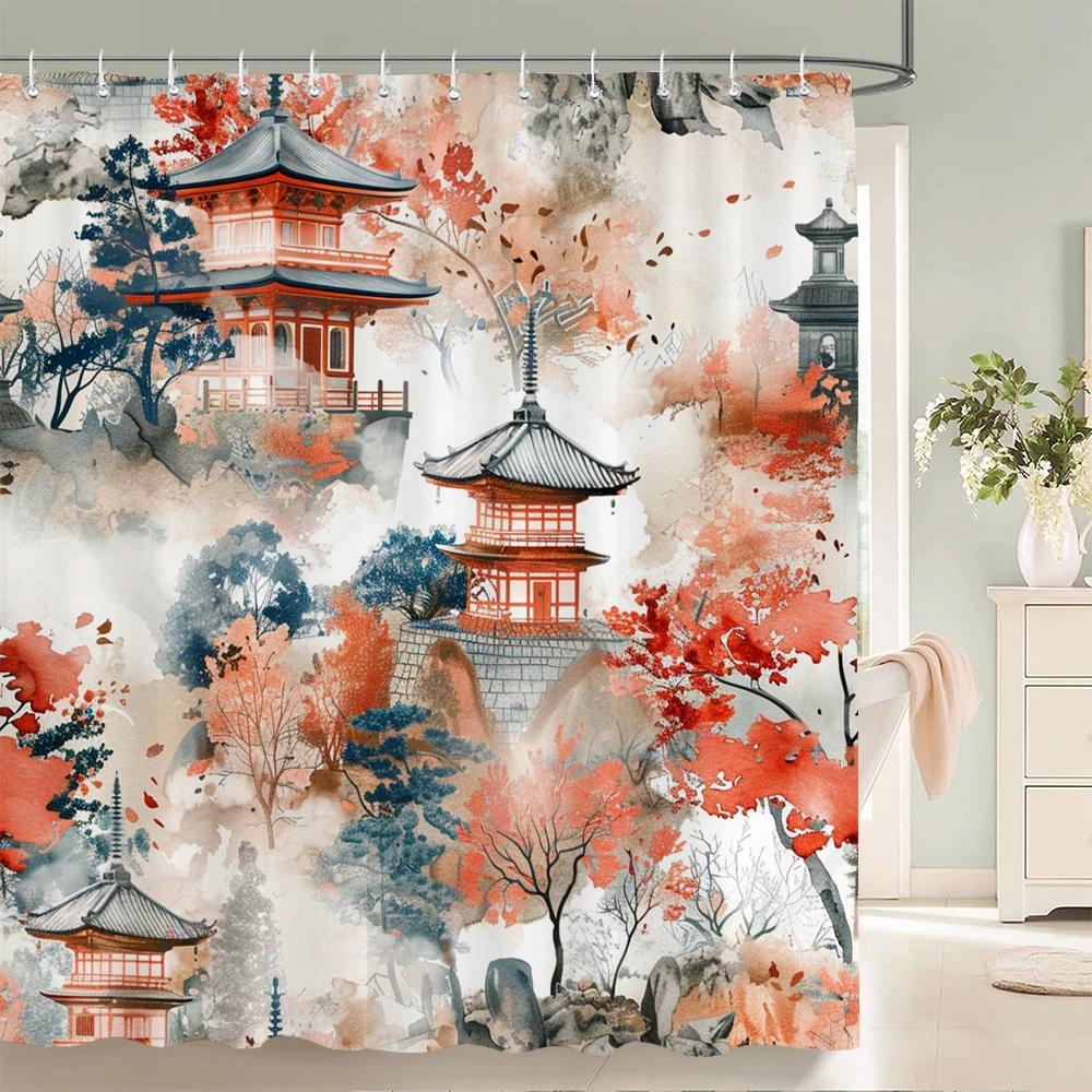 

Waterproof Polyester Fabric Shower Curtain Japanese-style Waves Samurai landscape 3d Printing Bathroom Decor Shower Curtains W90xH180cm