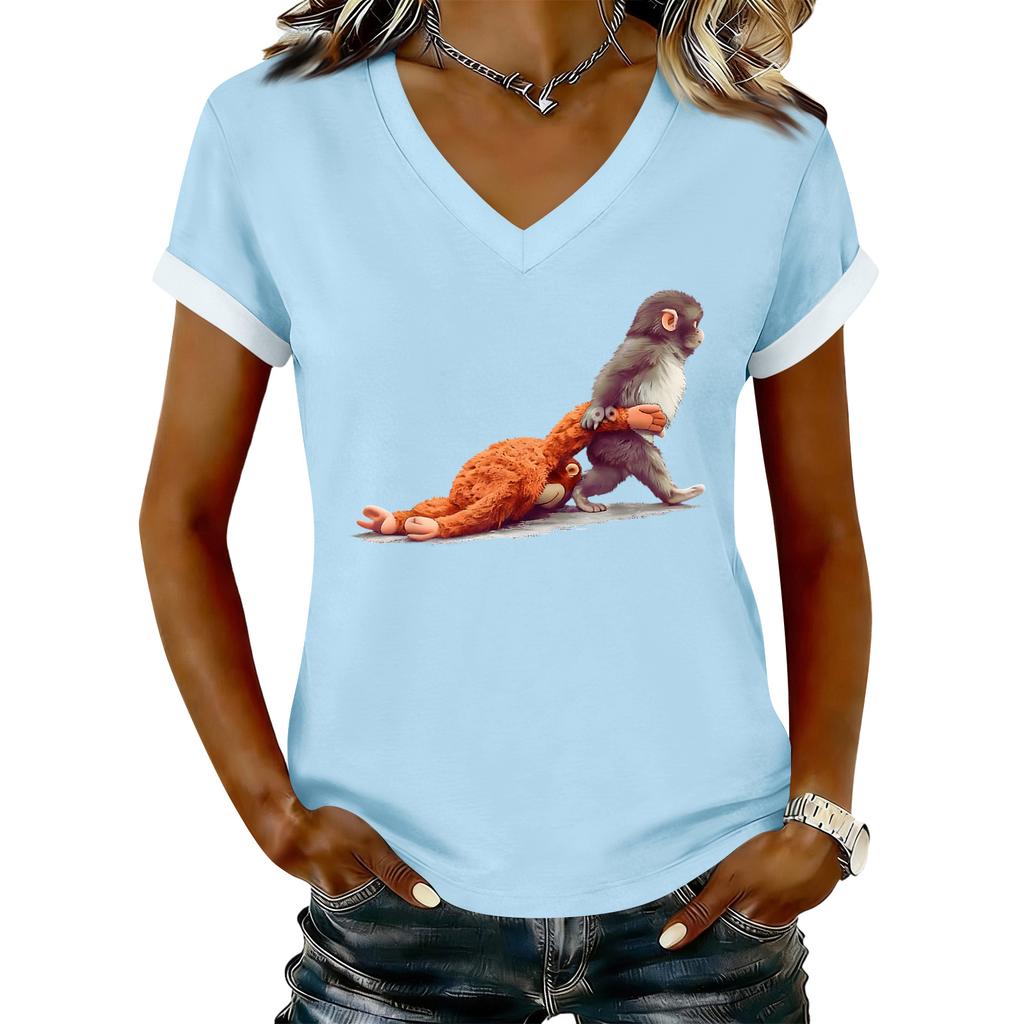 Women's Casual Printed T-Shirt V Neck Pullover Short Sleeve Top