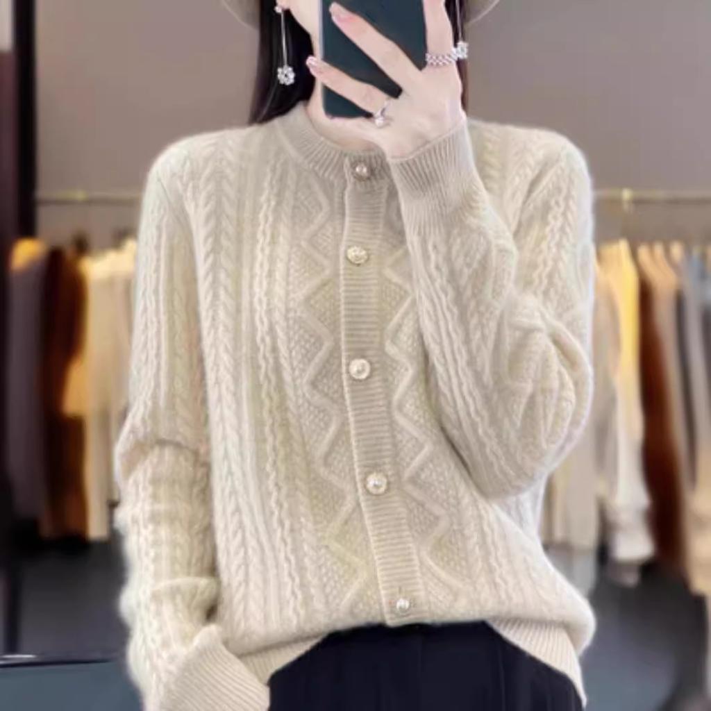QICED Spring O-Neck Twist Sweater Coat Long Sleeve Stand Collar Solid Color Knitted Cardigan Blouse