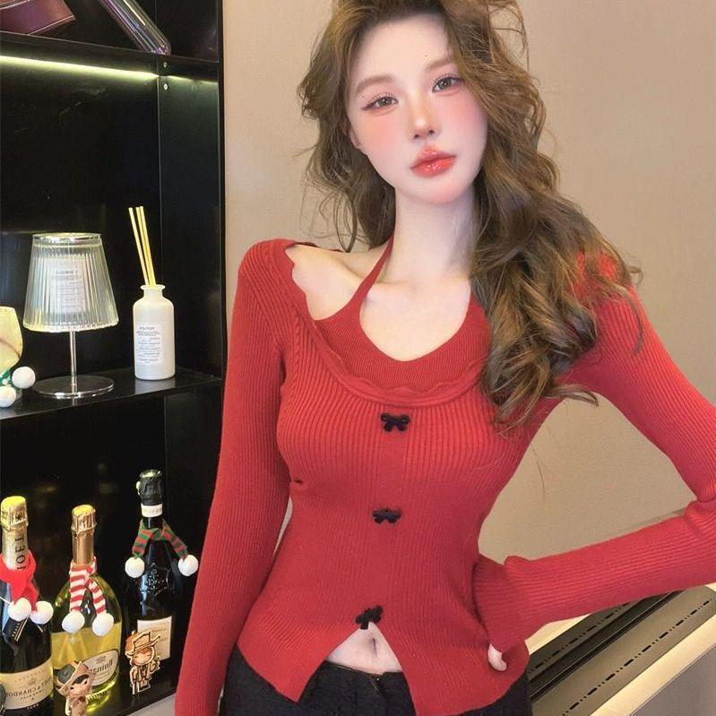 

Шикарный красный вязаный свитер с открытыми плечами и халтером для женщин One Size красный