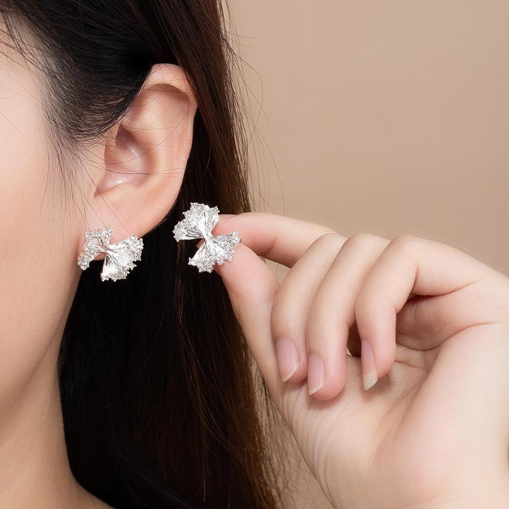 Silver Needle Elegant Bow Earrings - Pleated Irregular Design for Sophisticated Women