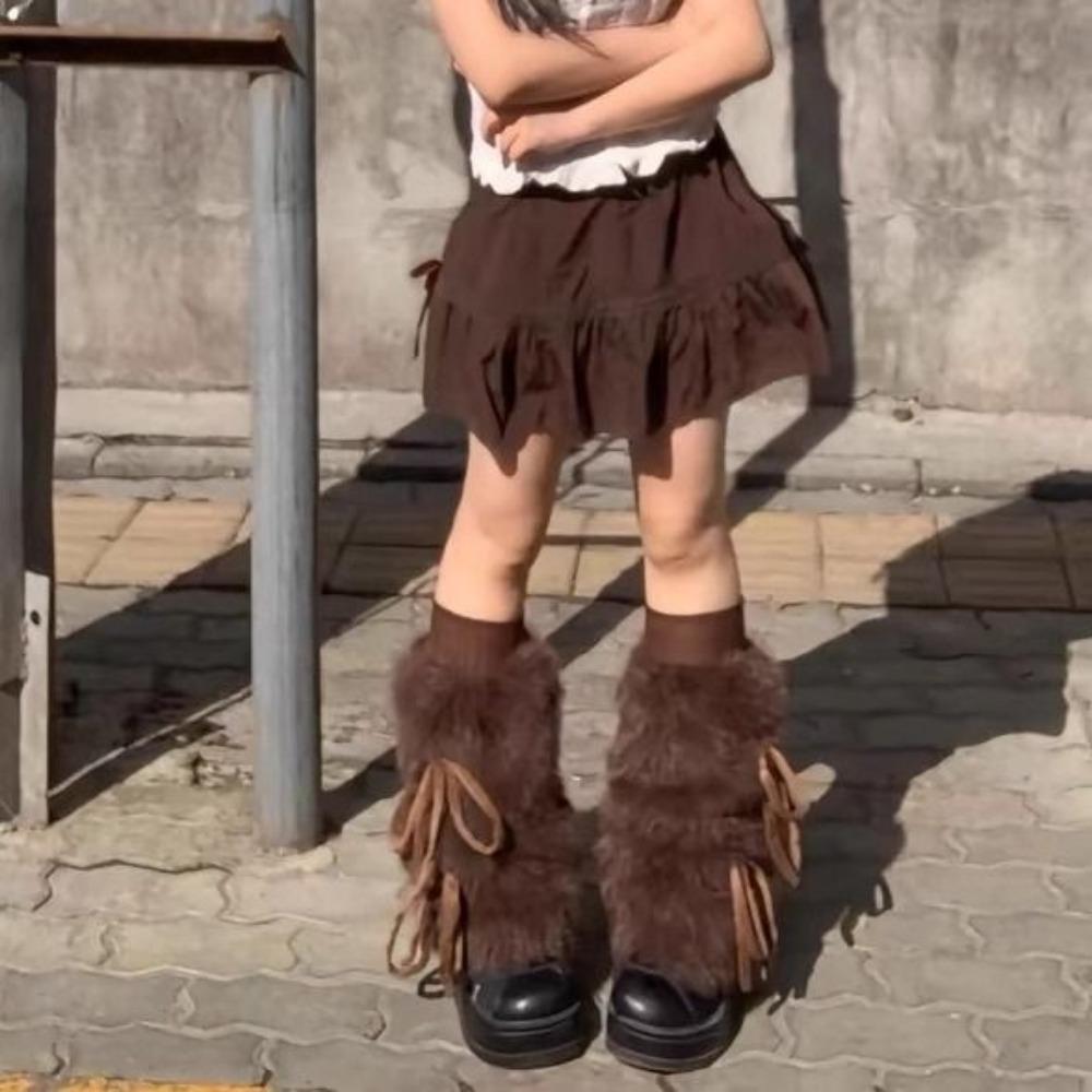 Autumn/winter Leg Warmers with Bow Tie Straps - Mid-calf Faux Fur Warm Socks