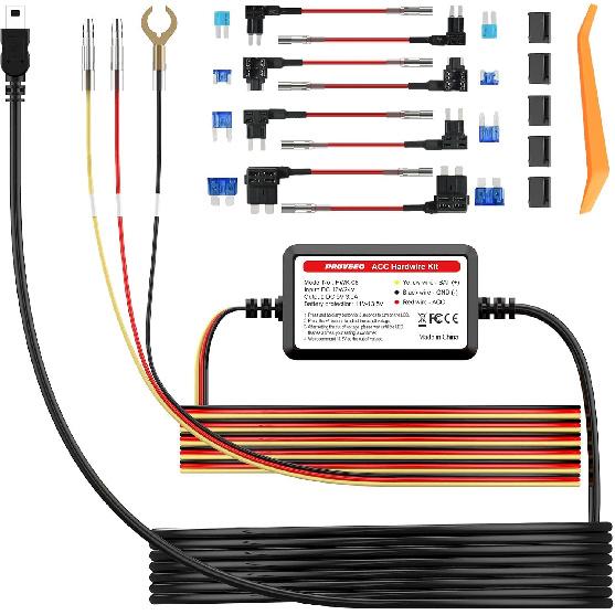 PRUVEEO Smart Acc Комплект для подключения к бортовой сети, 12В- 30В на 5В 2А/3А, Интеллектуальная и регулируемая защита от низкого напряжения для видеорегистратора, HWK-08