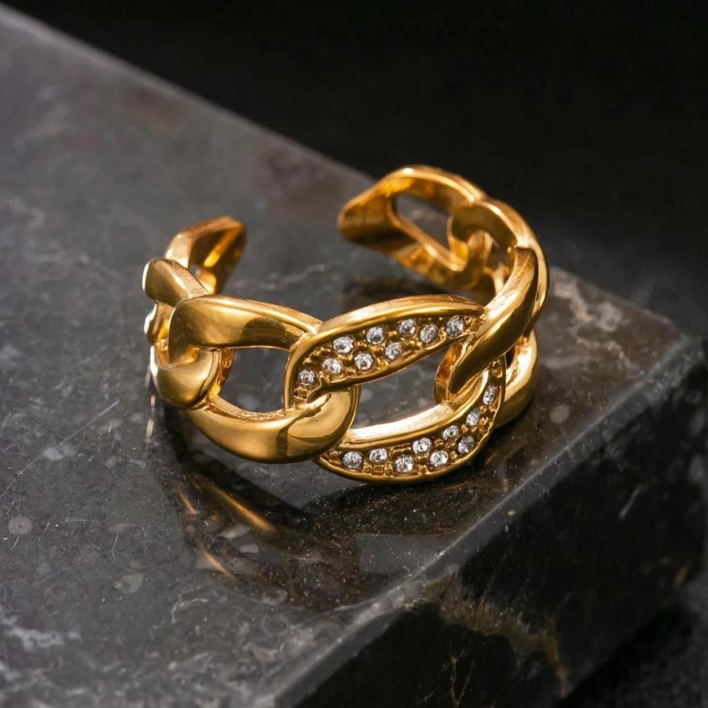 18K Gold Plated Stainless Steel Rhinestone Open Ring, Retro Women's Jewelry Design