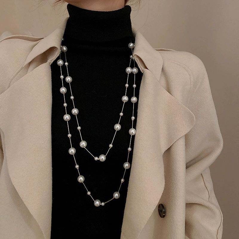 

Vintage White Simulated Pearl Necklace For Women Elegant Long Double Layer Pearl Sweater Chain Necklace Jewlery Gifts 2024