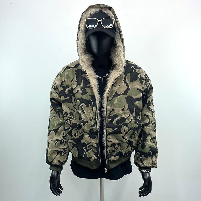 Men s Retro Camouflage Fur Collar Hooded Jacket XXL
