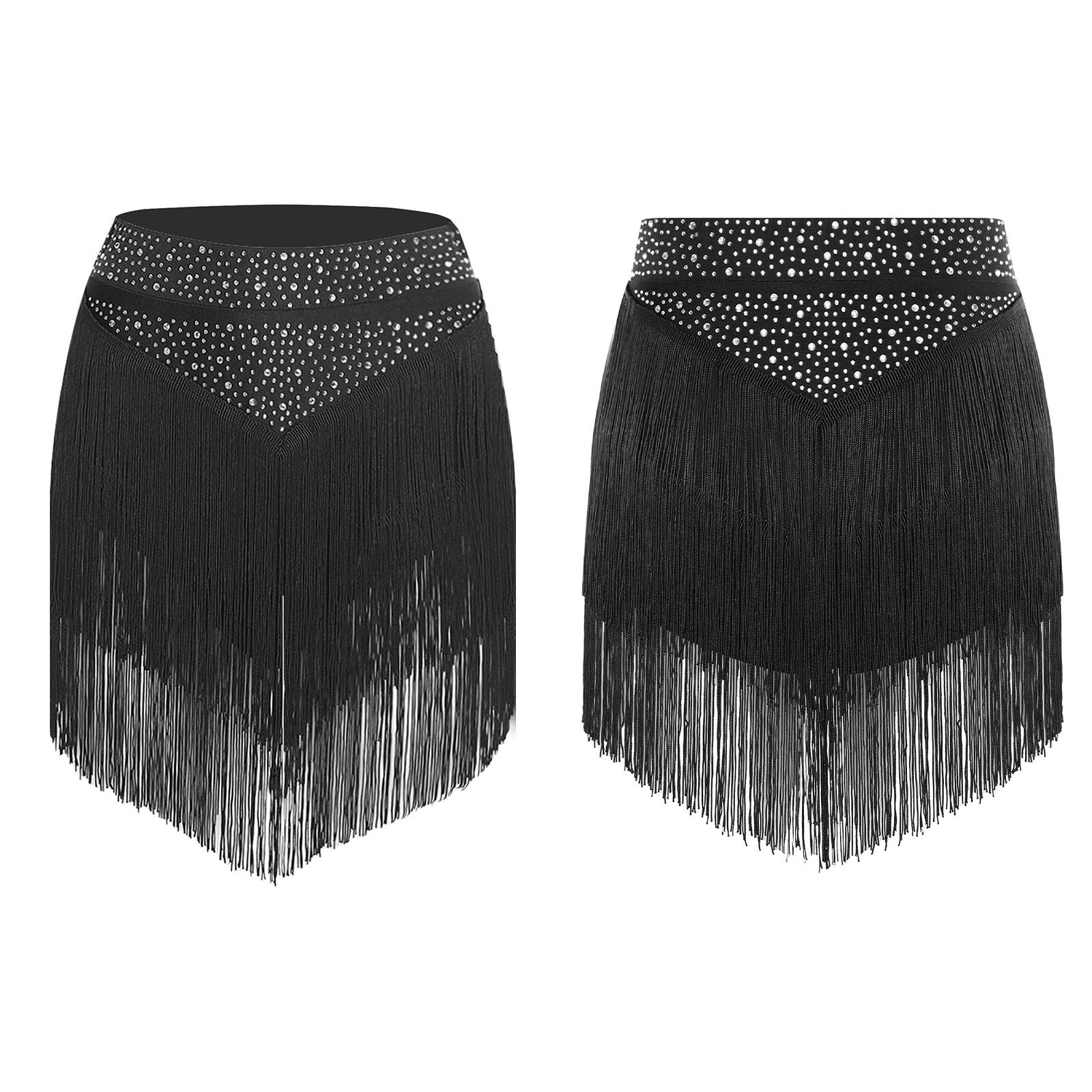

Женская юбка для сальсы, латиноамериканских танцев S-XXL - Костюм для выступлений и соревнований с эластичным поясом и многоярусной бахромой чёрный