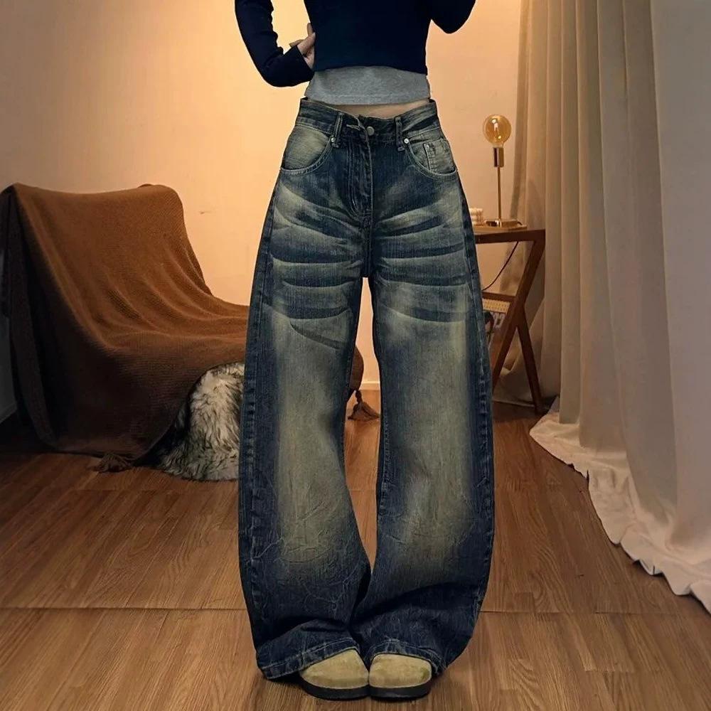 Jeans da Donna Vita Bassa Vintage Blu Gamba Larga Gamba Dritta Larga Denim Lavato Usurato Streetwear