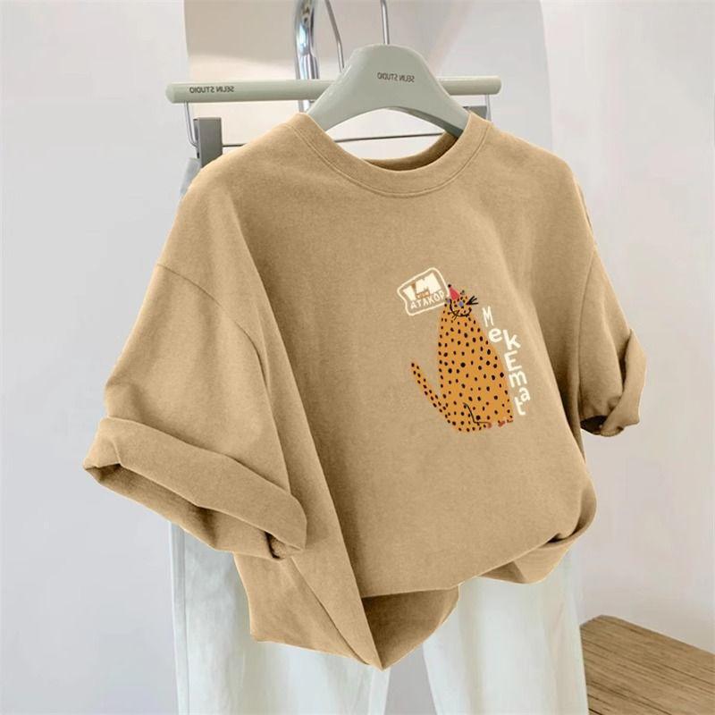 Reine Baumwolle Retro Locker Oberteil Pendler Kätzchen Kurzarm T-Shirt für Damen