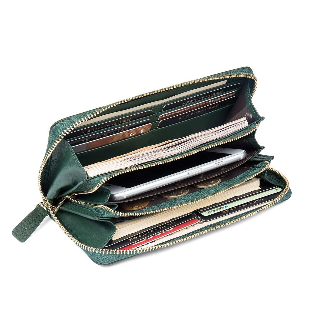 Mandiva Women's Long Wallet, Genuine Leather, Separate Coin Purse, Large Capacity, Round Zipper, Top Leather (Green)