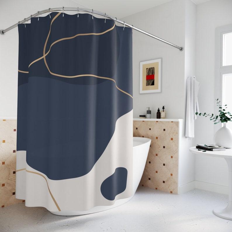 Boho Abstract Shower Curtain - Modern Blue Gold, Contemporary Art, Minimalist Mint, Bathroom Decor W90XH180cm