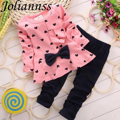 Joliannss Conjuntos de roupas de bebê em forma de coração com estampa de laço fofo 2 peças conjunto infantil camiseta + calça